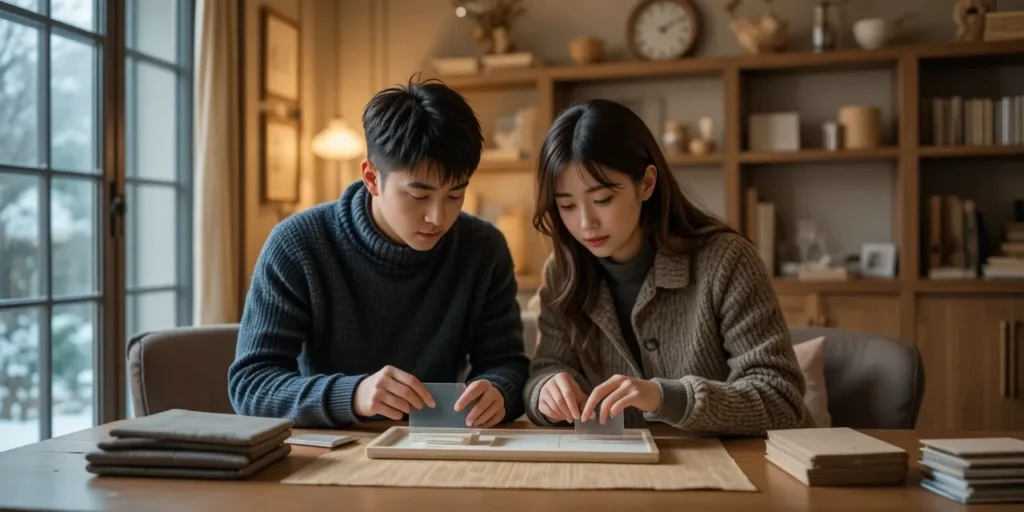 창문 틈막이 제품을 책상 위에서 비교하는 모습