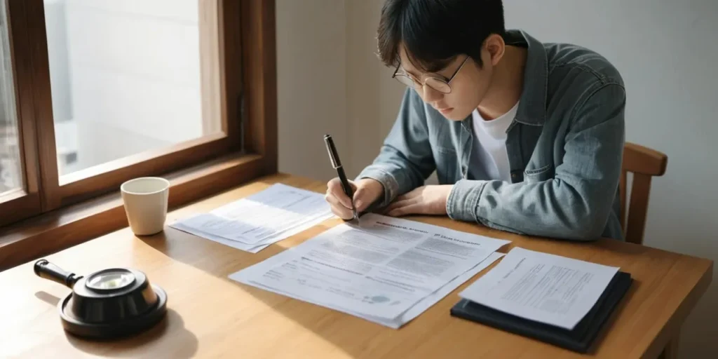 전세 계약서와 서류를 책상에서 꼼꼼히 확인하는 모습