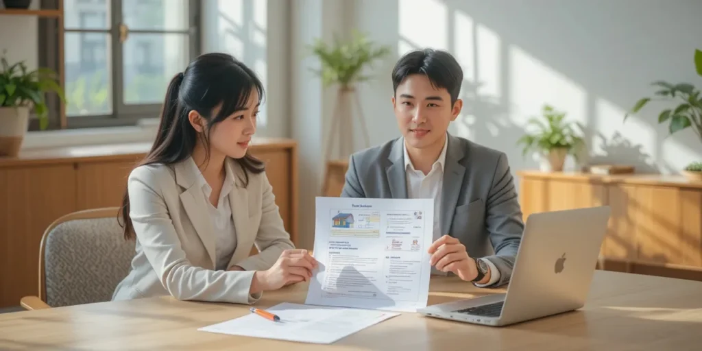 공인중개사가 계약서를 설명하는 한국인 모습