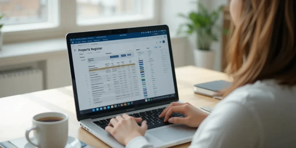 등기부등본을 노트북으로 확인하는 한국인 모습