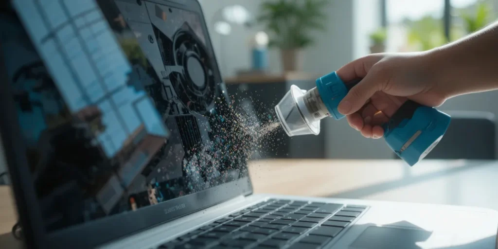 발열 개선을 위해 노트북 환기구를 청소하는 장면