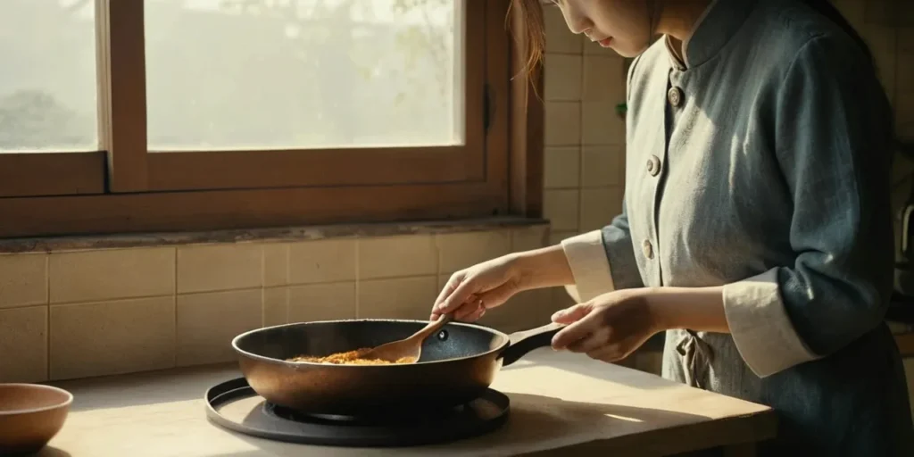 오래된 프라이팬 상태를 살피는 여성의 모습