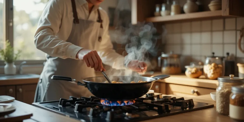 적절한 불 조절로 코팅을 보호하며 조리하는 남성의 주방 모습