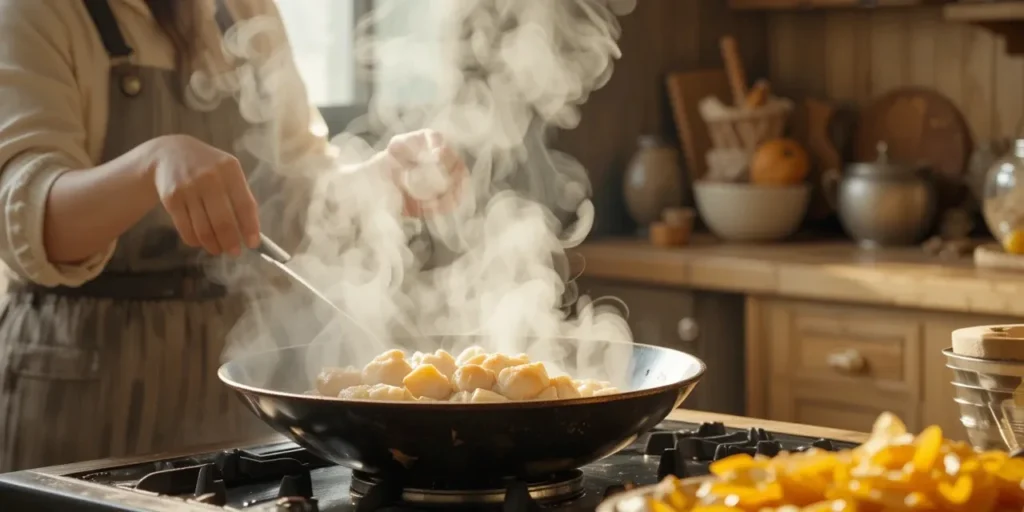 눌어붙음 방지를 위해 팬에 오일을 두르고 조리하는 여성의 모습