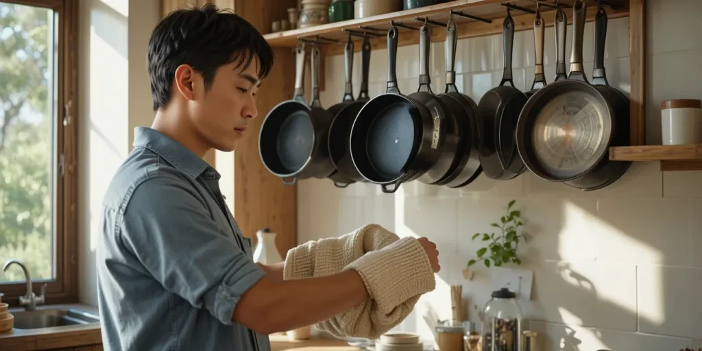 프라이팬을 정리하며 수명을 늘리는 관리 루틴을 실천하는 남성 모습