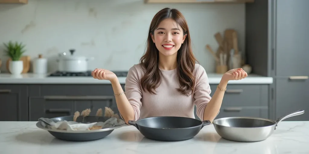 여러 종류의 프라이팬을 비교해 보여주는 여성의 설명 모습