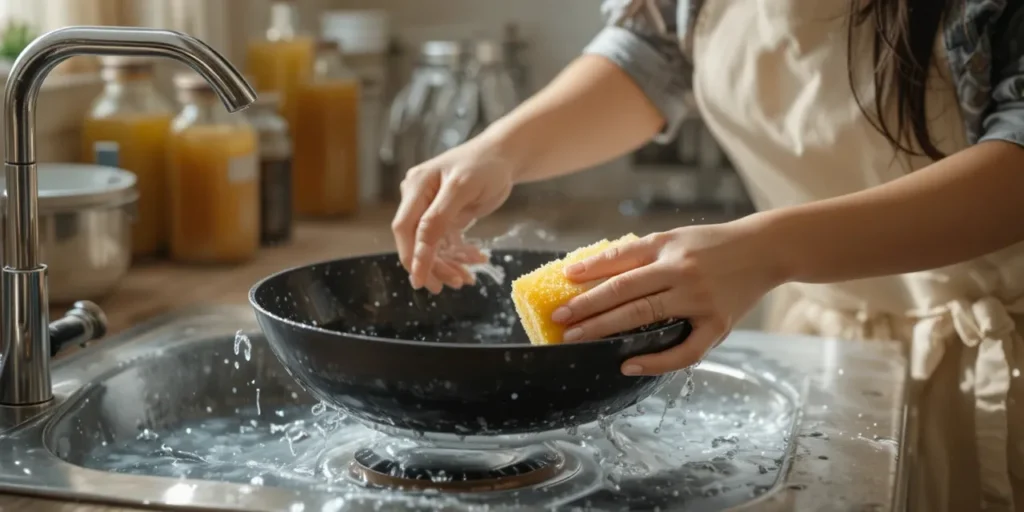 스펀지로 부드럽게 팬을 세척하는 여성의 주방 모습