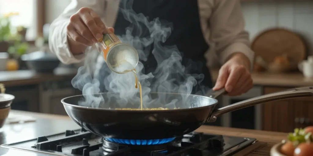 프라이팬에 오일을 얇게 펴 바르는 남성의 복원 과정 모습