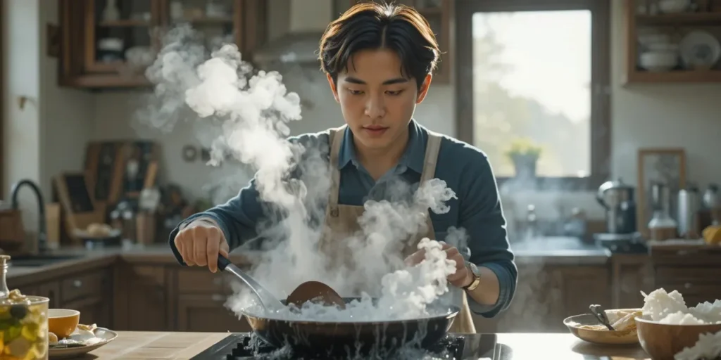 찬물로 인한 코팅 손상을 설명하는 남성의 주방 모습