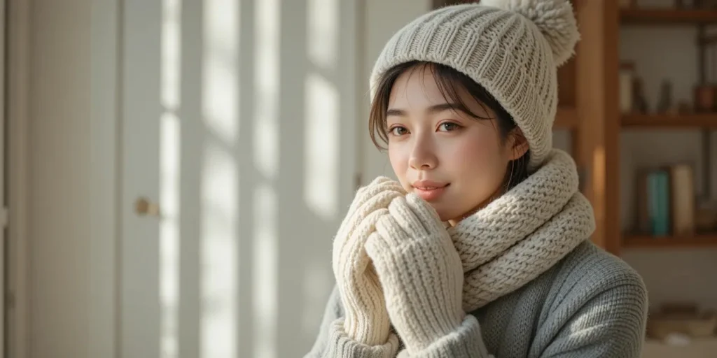 겨울 장갑의 오염 상태를 확인하는 모습