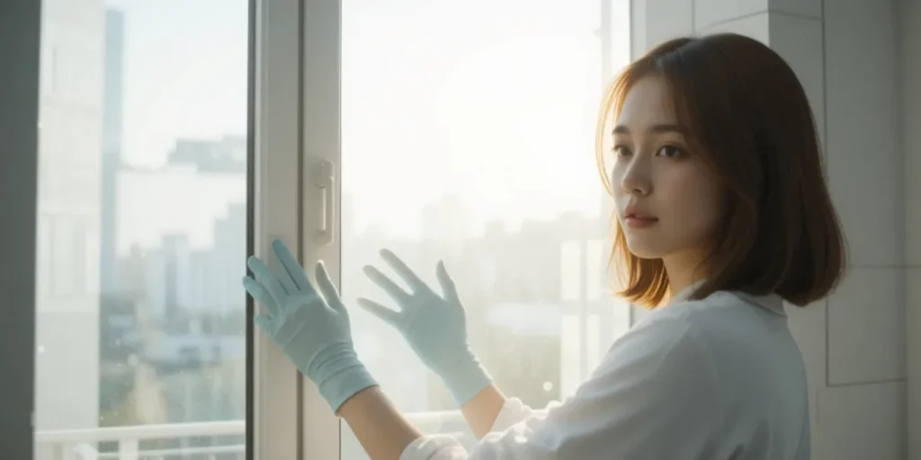 장갑을 환기시키며 소독 과정을 실천하는 모습