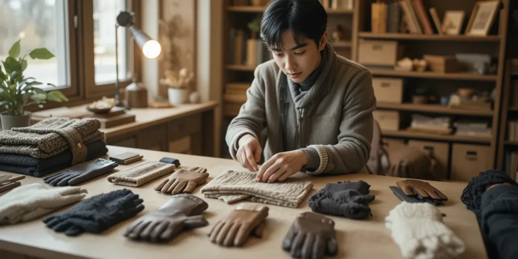다양한 장갑 소재를 비교하며 세탁법을 확인하는 모습