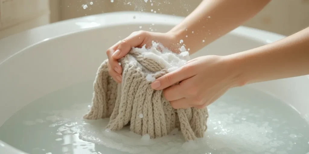 니트 목도리를 손세탁하며 세균 제거를 실천하는 모습