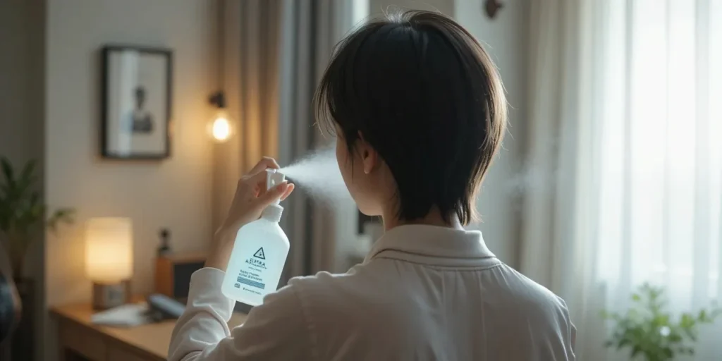 패브릭 소독제를 적정 거리에서 분사하는 모습