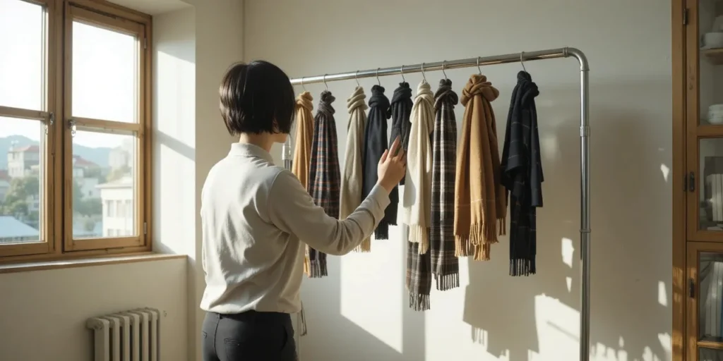 장갑과 목도리를 자연 건조 시켜 세균 번식을 막는 모습