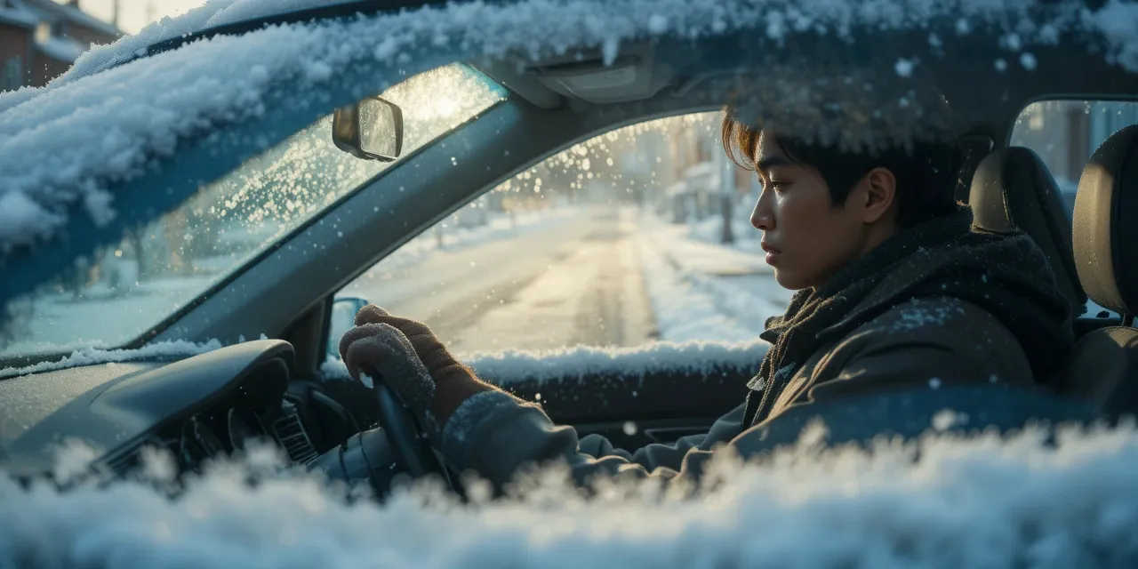 겨울 아침 차량 시동을 거는 모습