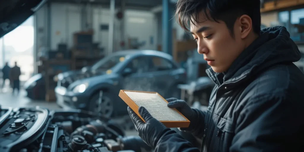 정비사가 오염된 필터 상태를 확인하는 모습