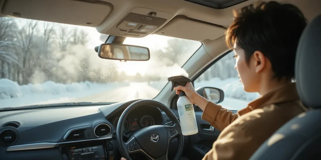 차량 내부에서 탈취제를 분사하는 모습
