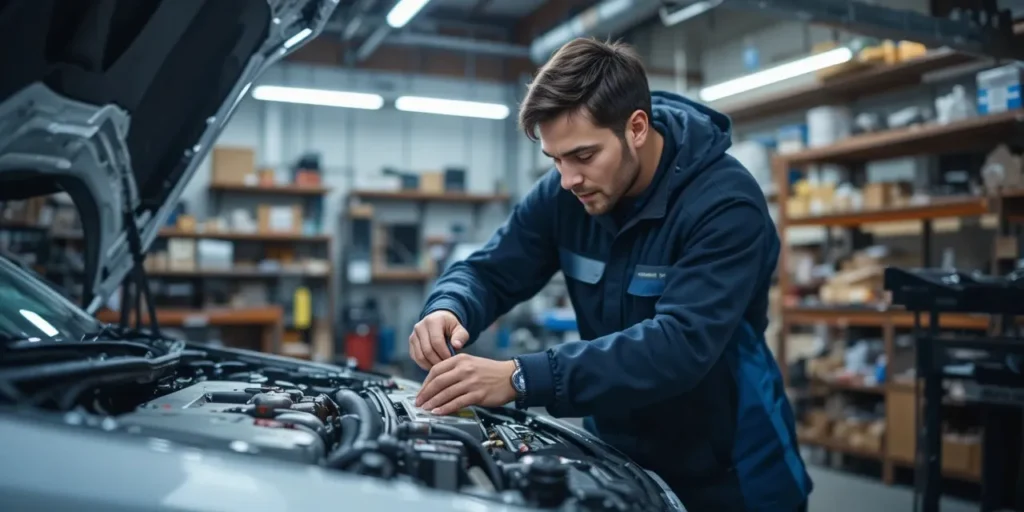 자동차 정비사가 에바포레이터를 청소하는 모습