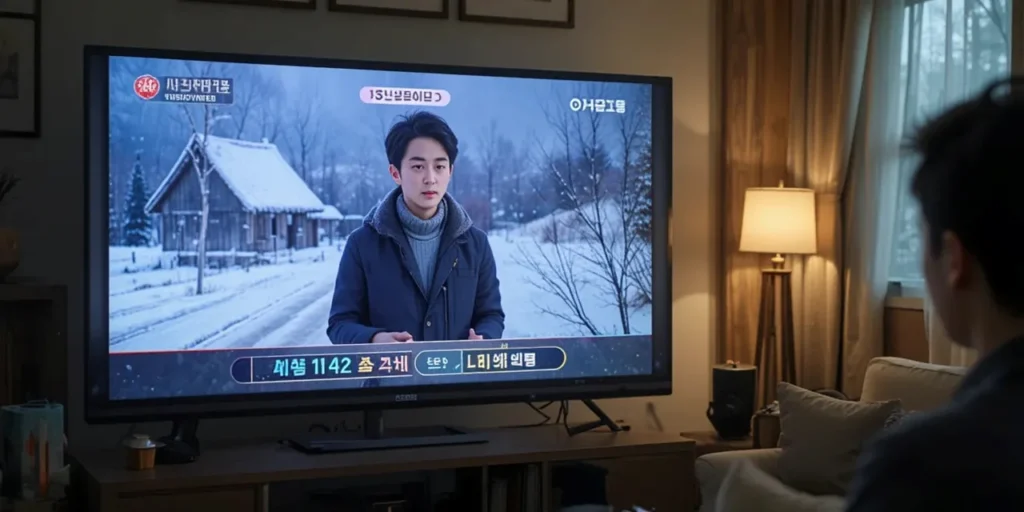 거실에서 뉴스로 한파 경보를 확인하는 모습