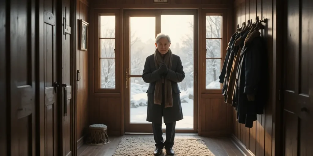 외출 전 목도리와 장갑을 착용하는 어르신 모습