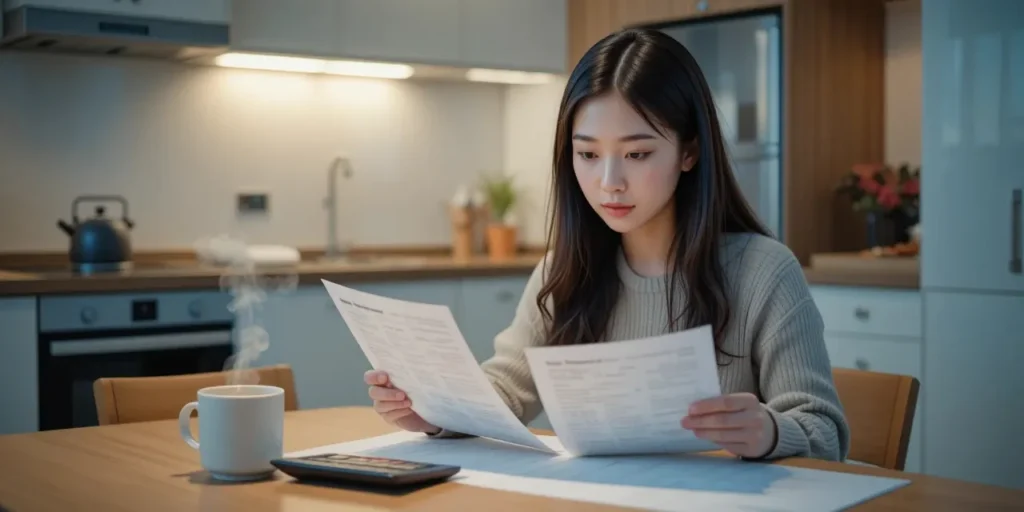 주방에서 난방비를 계산하며 절약을 고민하는 모습