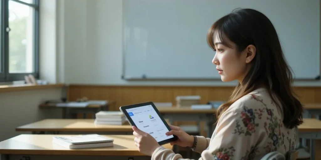 교실에서 구글 드라이브와 마이박스를 비교하는 학생의 모습