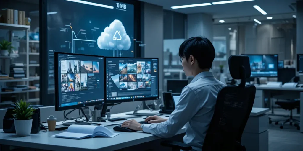이중 모니터 환경에서 클라우드를 활용하는 사무직 모습