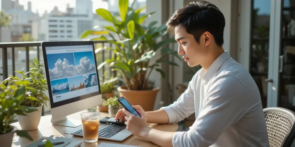 햇살 좋은 발코니에서 네이버 마이박스 사진을 보는 모습