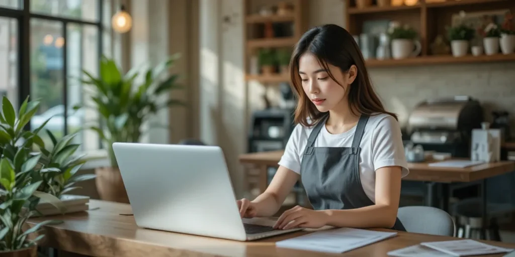 소상공인 25만원 지원금 경영안정바우처 지급 확정 3 노트북으로 비용을 계산하는 여성 사업주의 모습