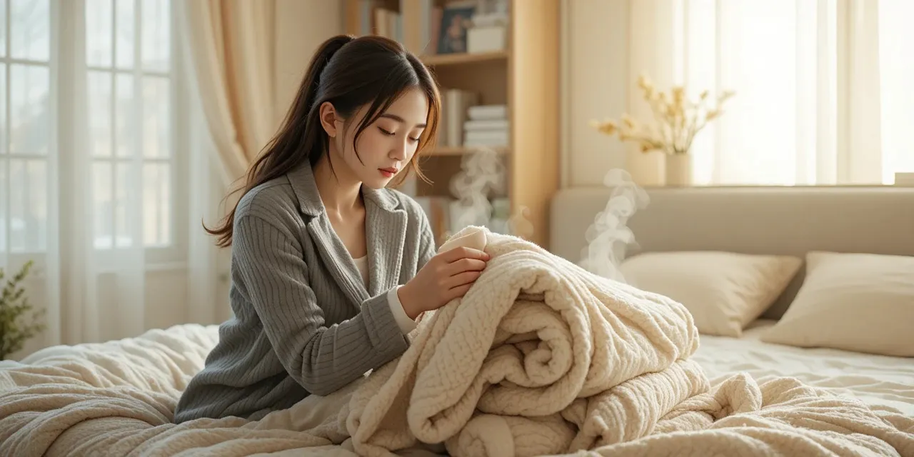 침대에서 겨울 이불을 개는 여성의 모습