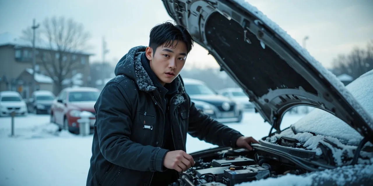 배터리 방전으로 차량 보닛을 열어보는 모습