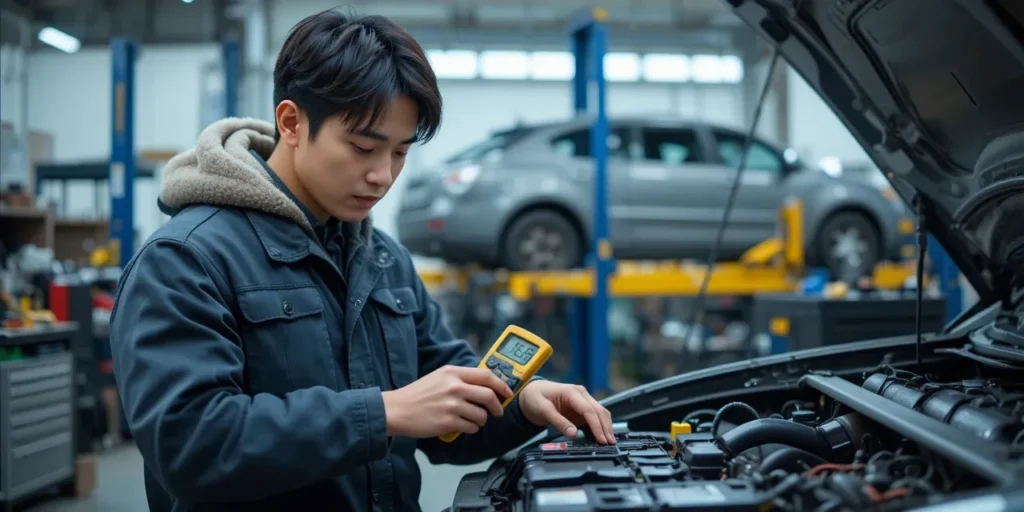 배터리 상태를 점검하는 정비사의 모습