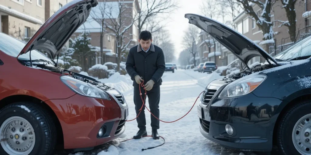 겨울 외부에서 점프 케이블로 차량을 연결하는 모습