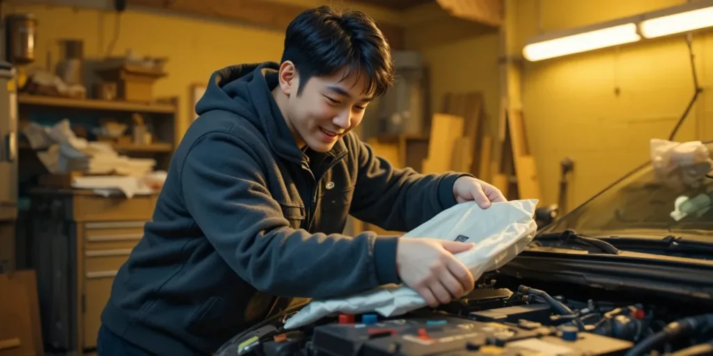 차량 내부에서 배터리에 보온재를 설치하는 모습