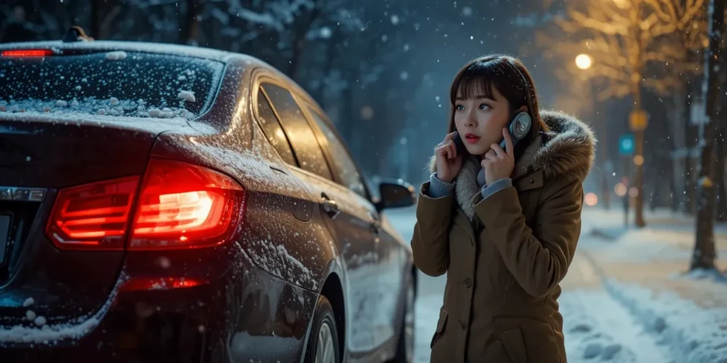 겨울밤 차량 고장으로 긴급출동을 요청하는 운전자의 모습