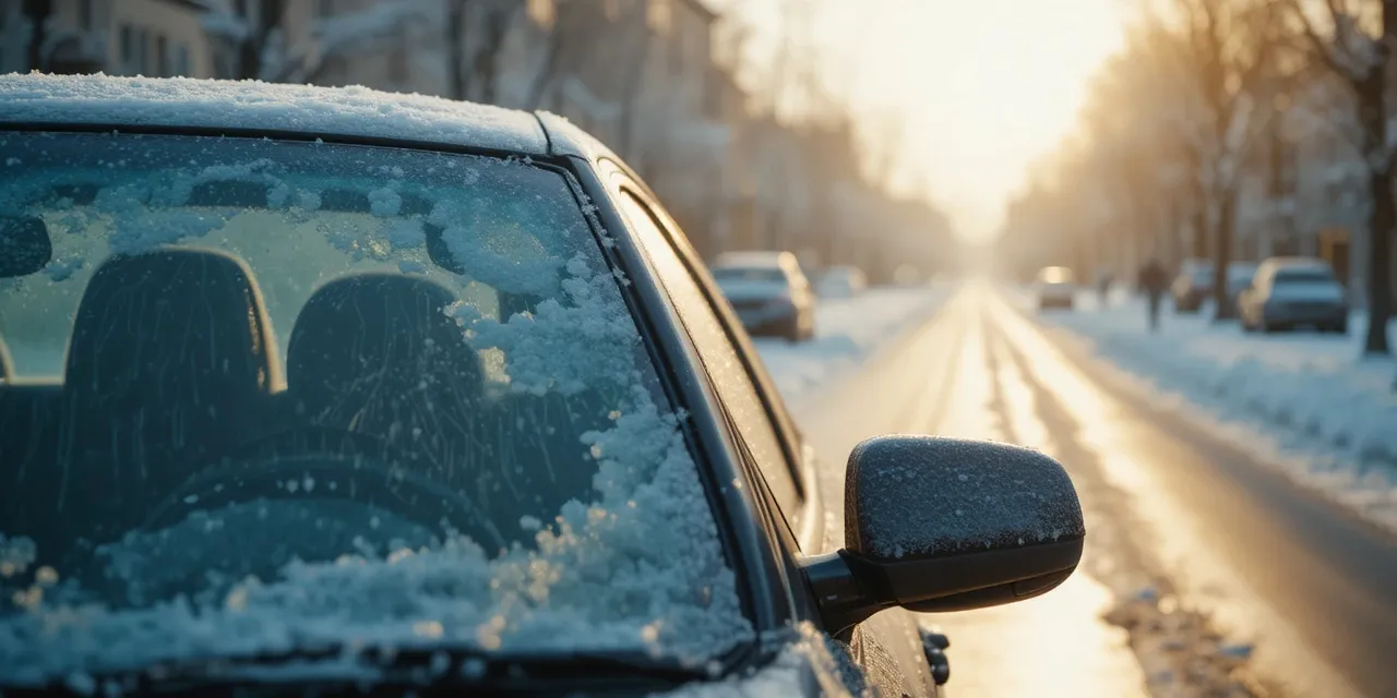 아침에 차량 유리에 낀 성에를 제거하려는 모습