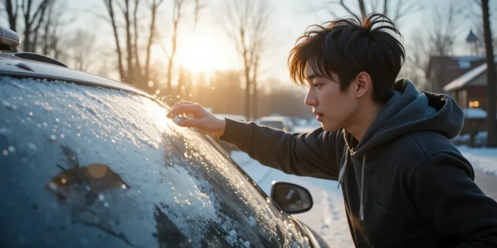 겨울철 자동차 성에 제거 방법, 실제로 효과 본 꿀팁 6 출근 시간에 급하게 나와 성에를 긁어내는 모습