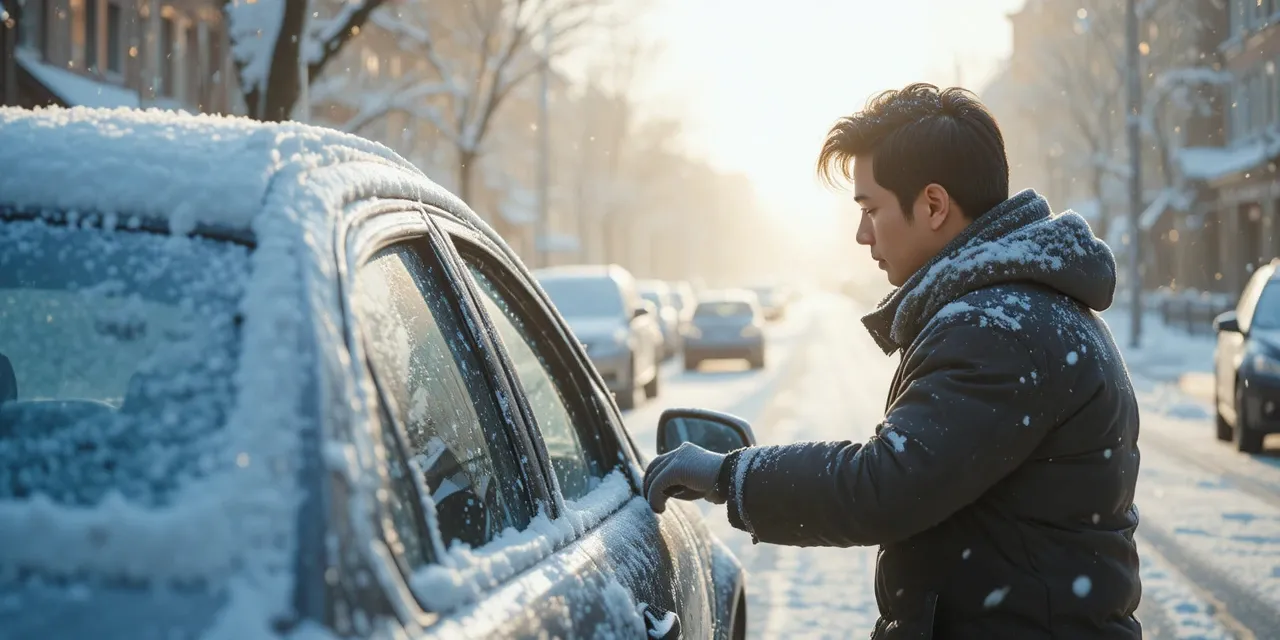 눈 내리는 아침 시동이 안 걸려 당황하는 모습