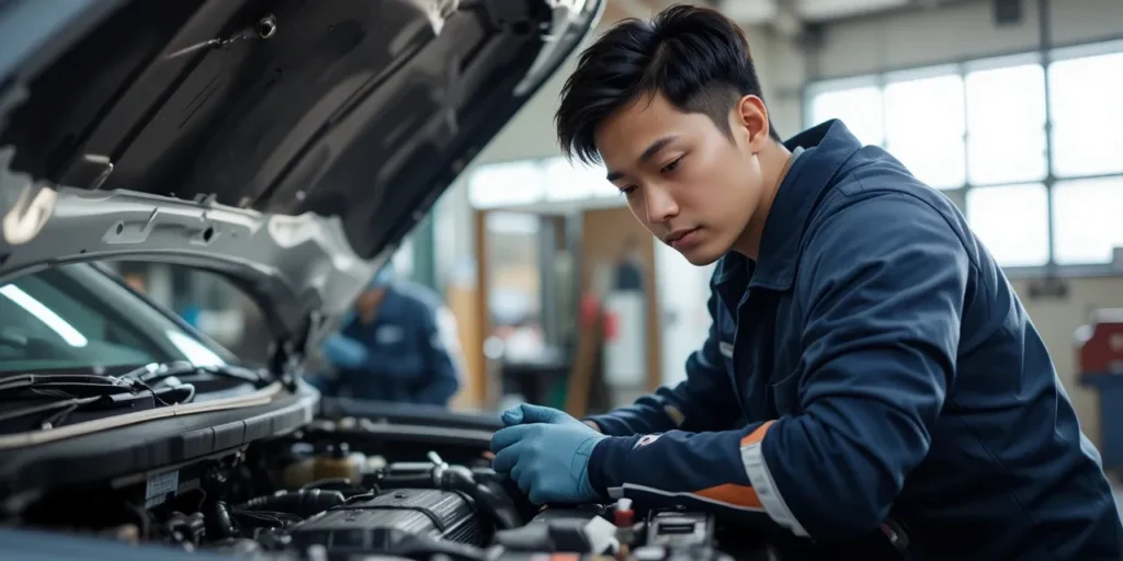 차량 보닛을 열고 배터리 상태를 확인 중인 정비사의 모습
