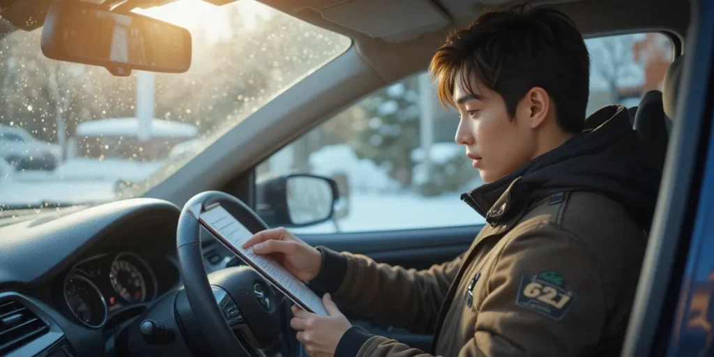 실내에서 겨울철 시동 체크리스트를 확인하는 모습