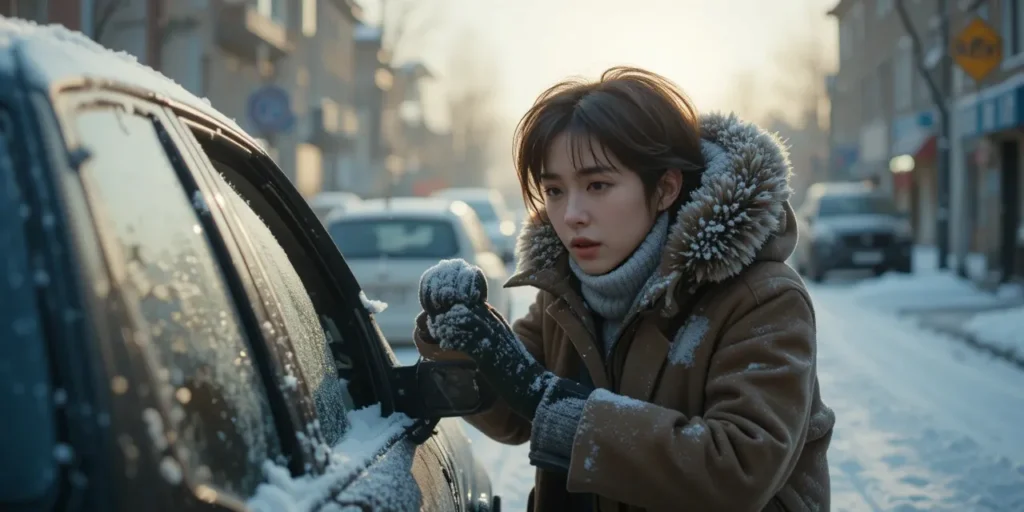 추운 아침, 자동차 시동이 안 걸려 난감해하는 운전자의 모습