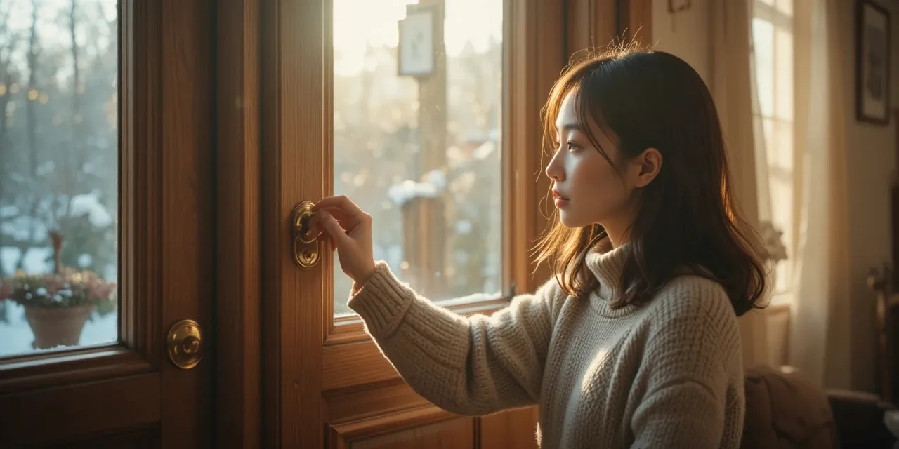 정전기 발생 전 문고리를 조심스럽게 만지는 여성의 모습