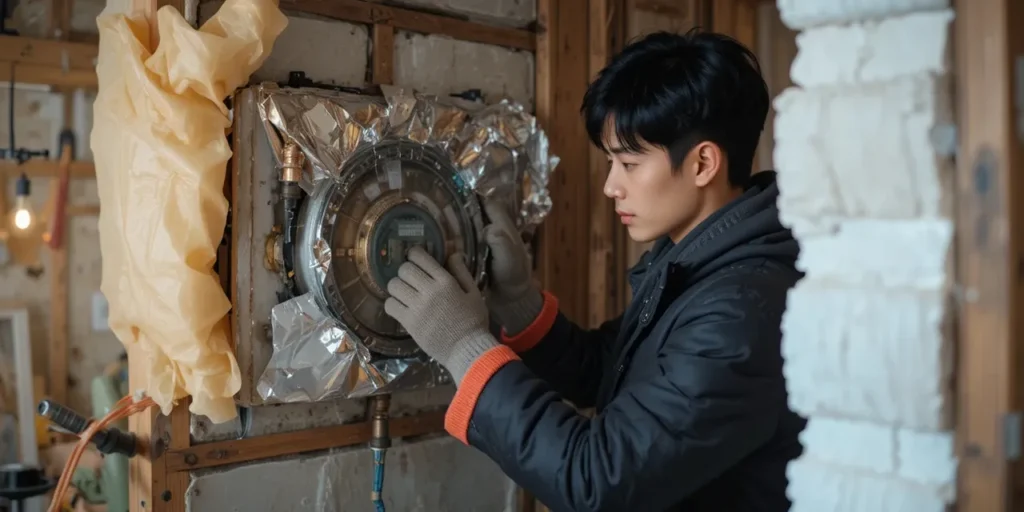 수도계량기를 보온재로 감싸는 실제 모습