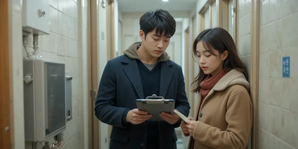 아파트 계량기함을 점검하는 부부의 모습