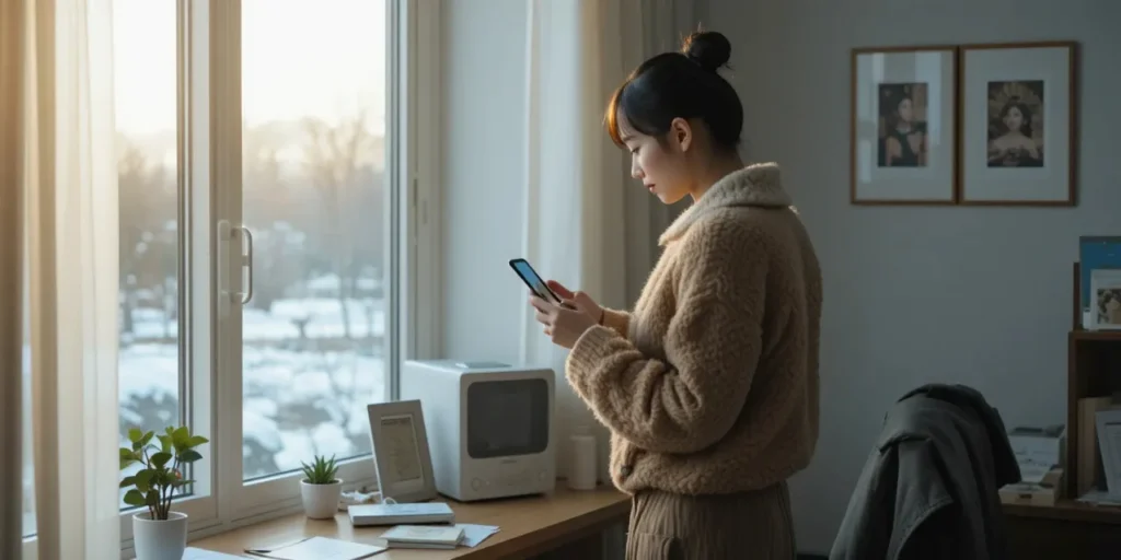 실내에서 스마트폰으로 외기 온도를 확인하는 모습