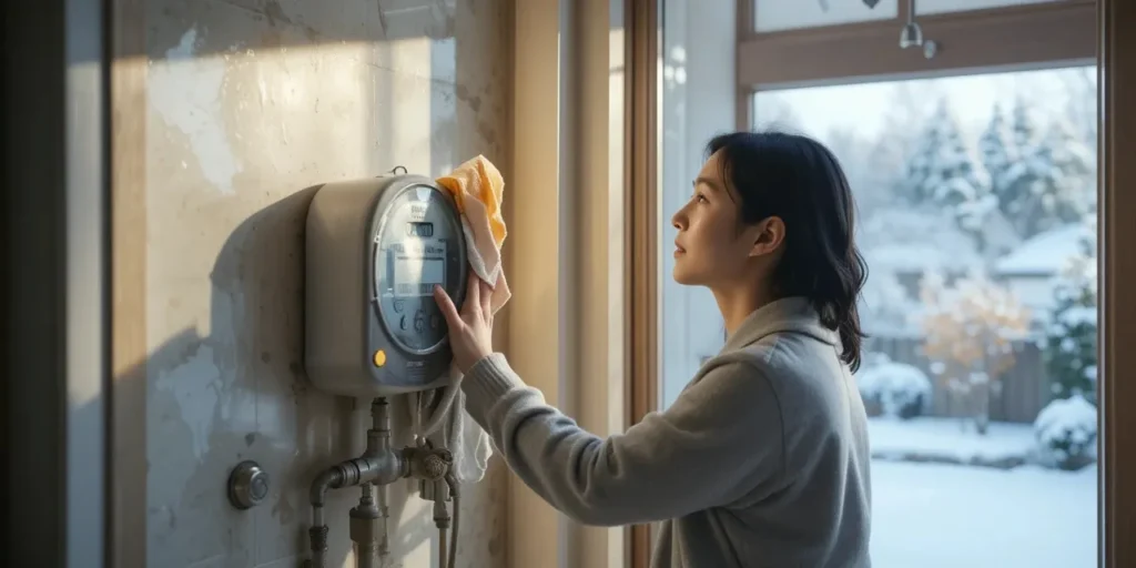 결로를 닦으며 수도계량기 주변을 정리하는 모습