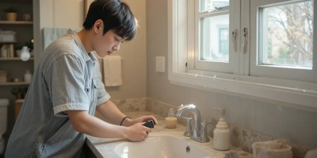 타일 사이 낡은 실리콘을 스크래퍼로 제거하는 모습