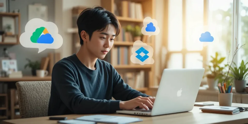 다양한 클라우드 서비스가 보이는 책상 앞 모습