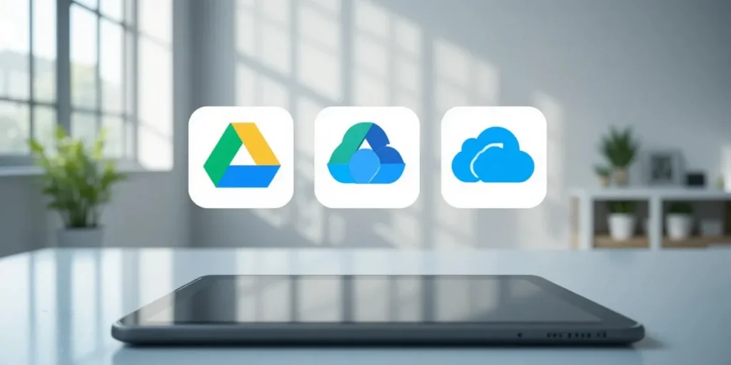 다양한 클라우드 아이콘이 떠 있는 태블릿 화면 모습